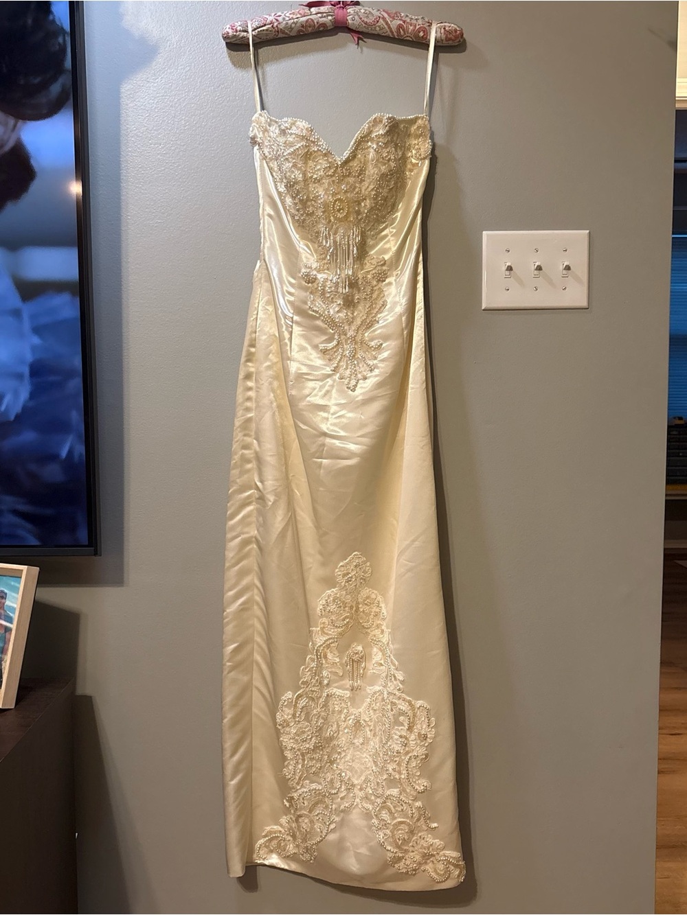 Eugenia's Ivory Beaded Satin Dress